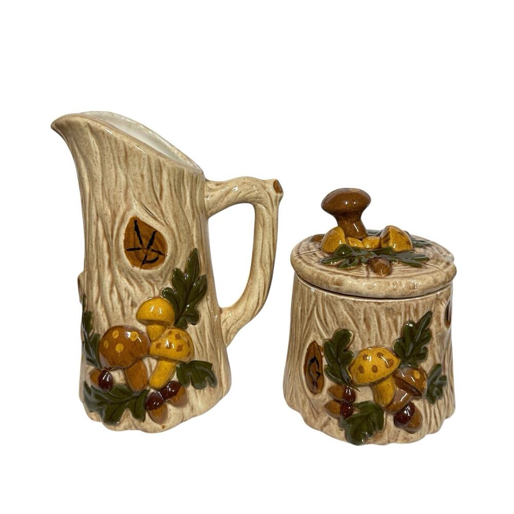 Vtg Holland Mold Mushroom Tree Stump Acorn Pitcher & Sugar Bowl 3D Kitschy 80s